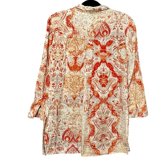 Chico’s 100% Linen Button Down Front Split 3/4 Sleeve Collared Orange Print Top - Picture 8 of 15